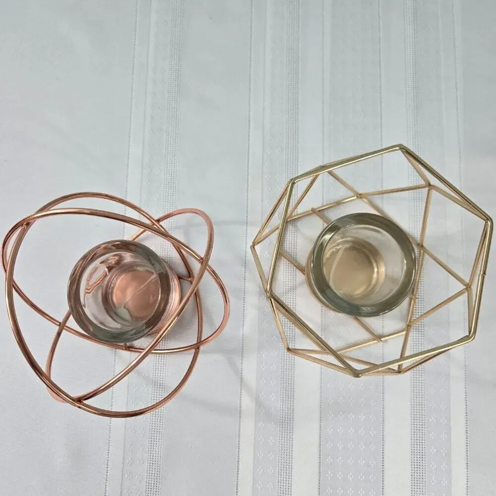 Votive Tealight Candle Holders Modern Geometric Metal Gold & Rose  - Set of 2